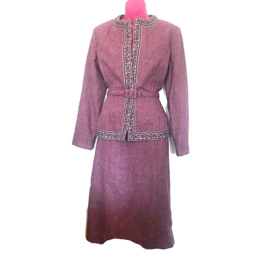 1970s vintage mauve embroidery skirt suit belt size medium large